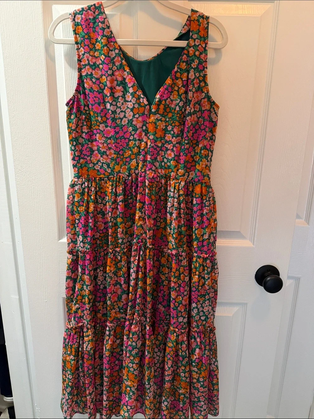 J. Crew Floral Tiered Midi Dress in Green, Pink & Orange